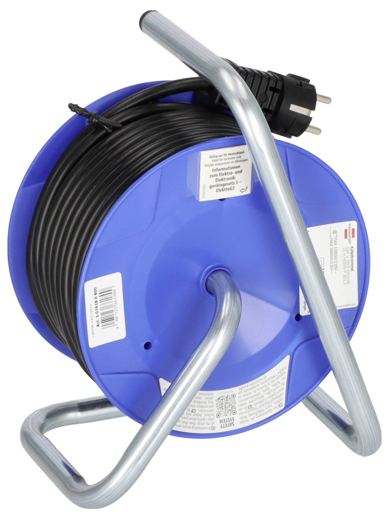 Blauereelle mit schwarzem Stromkabel, Metallgriff und angebrachtem europäischem Stecker auf weißem Hintergrund.