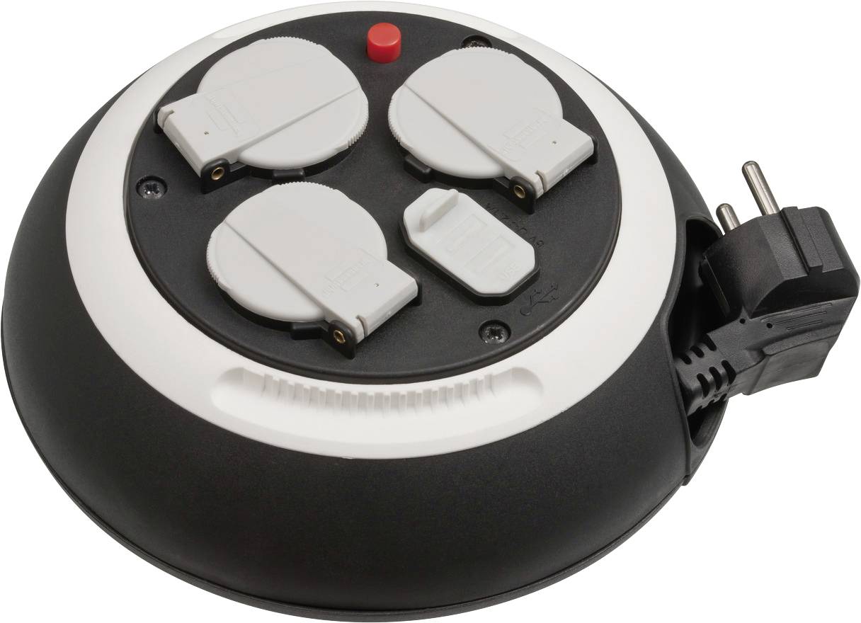 Runde schwarz-weiße Steckdosenleiste mit vier Steckdosenschutzvorrichtungen, einer roten Kontrollleuchte und einem europäischen Stecker auf der rechten Seite angebracht.