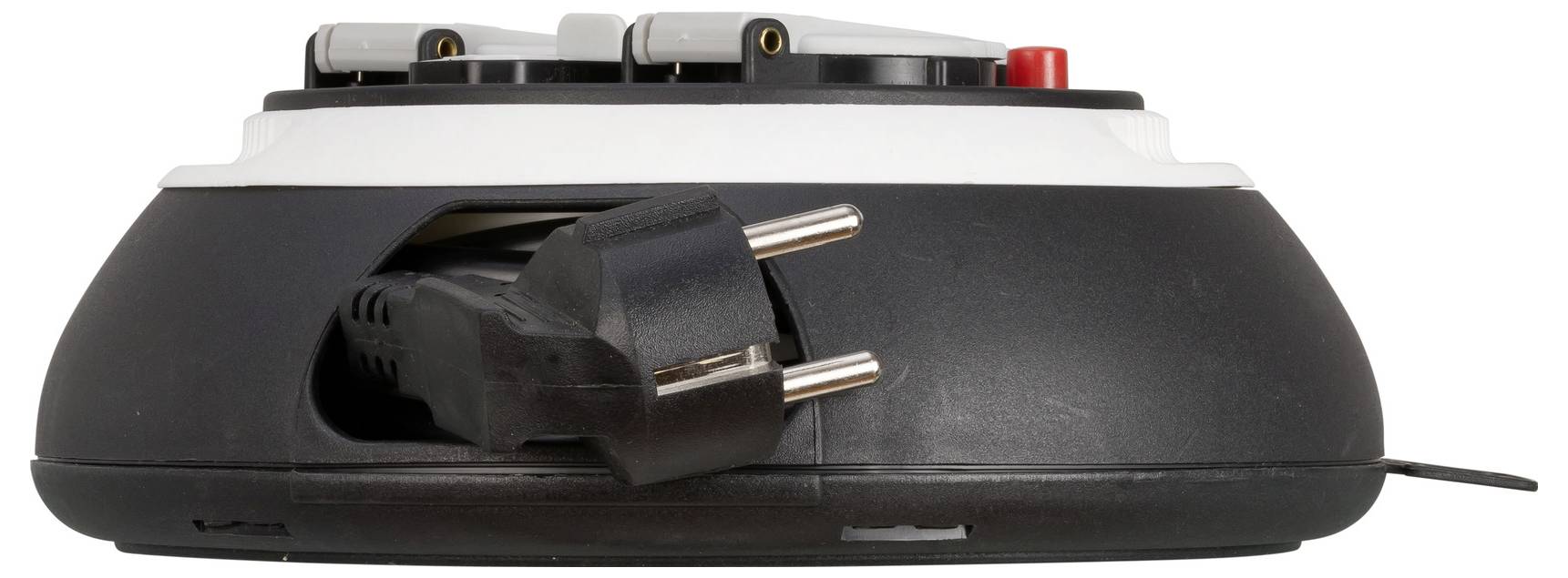 Schwarzes und weißes elektrisches Stecker-in-Gerät oder Adapter mit einem zweipoligen Stecker und sichtbarem Kabel in der Seitenansicht.