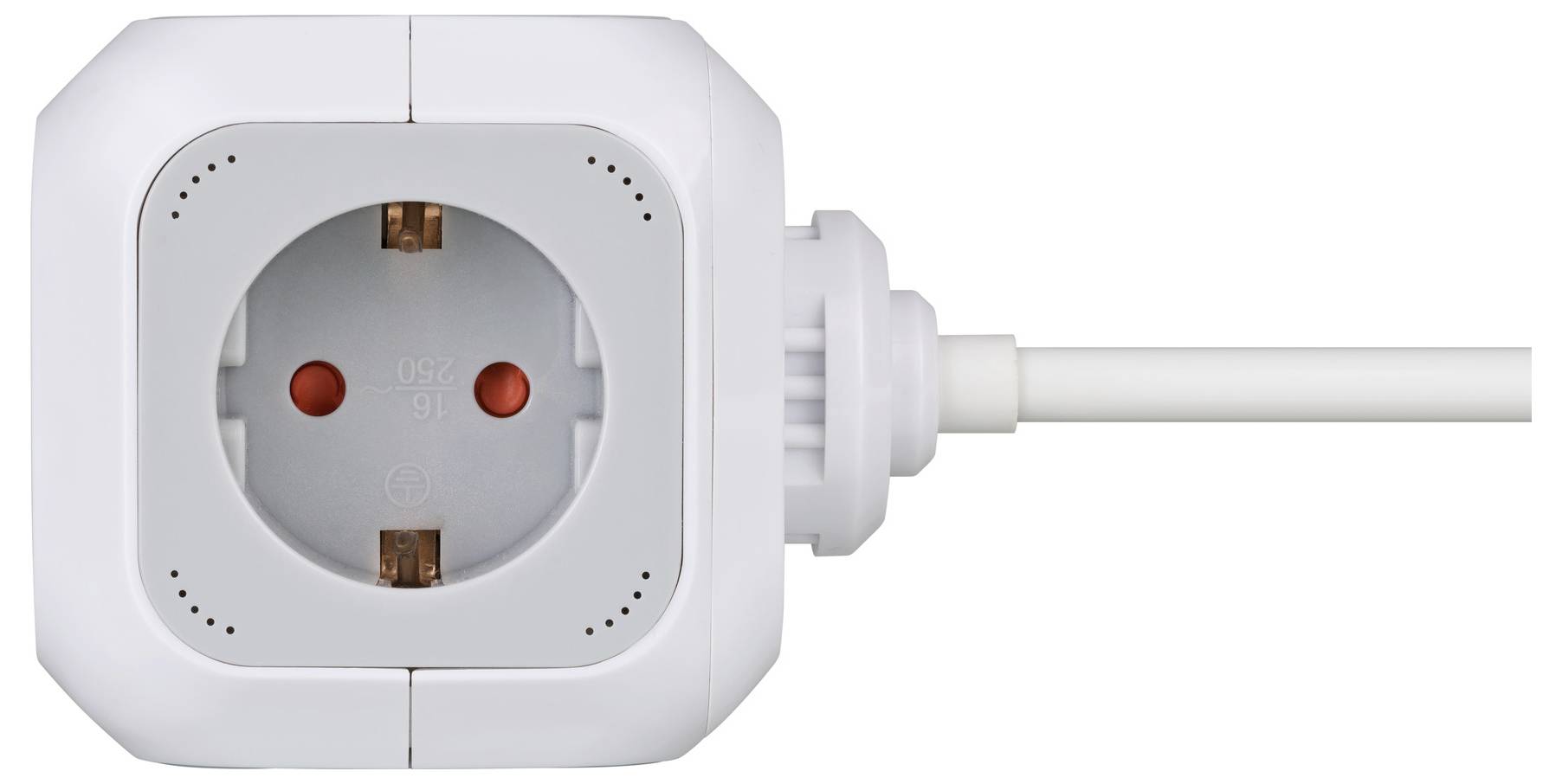 Weiße Elektrosteckdose mit einem eingesteckten Kabel, das sich nach rechts auf einem einfachen Hintergrund erstreckt.