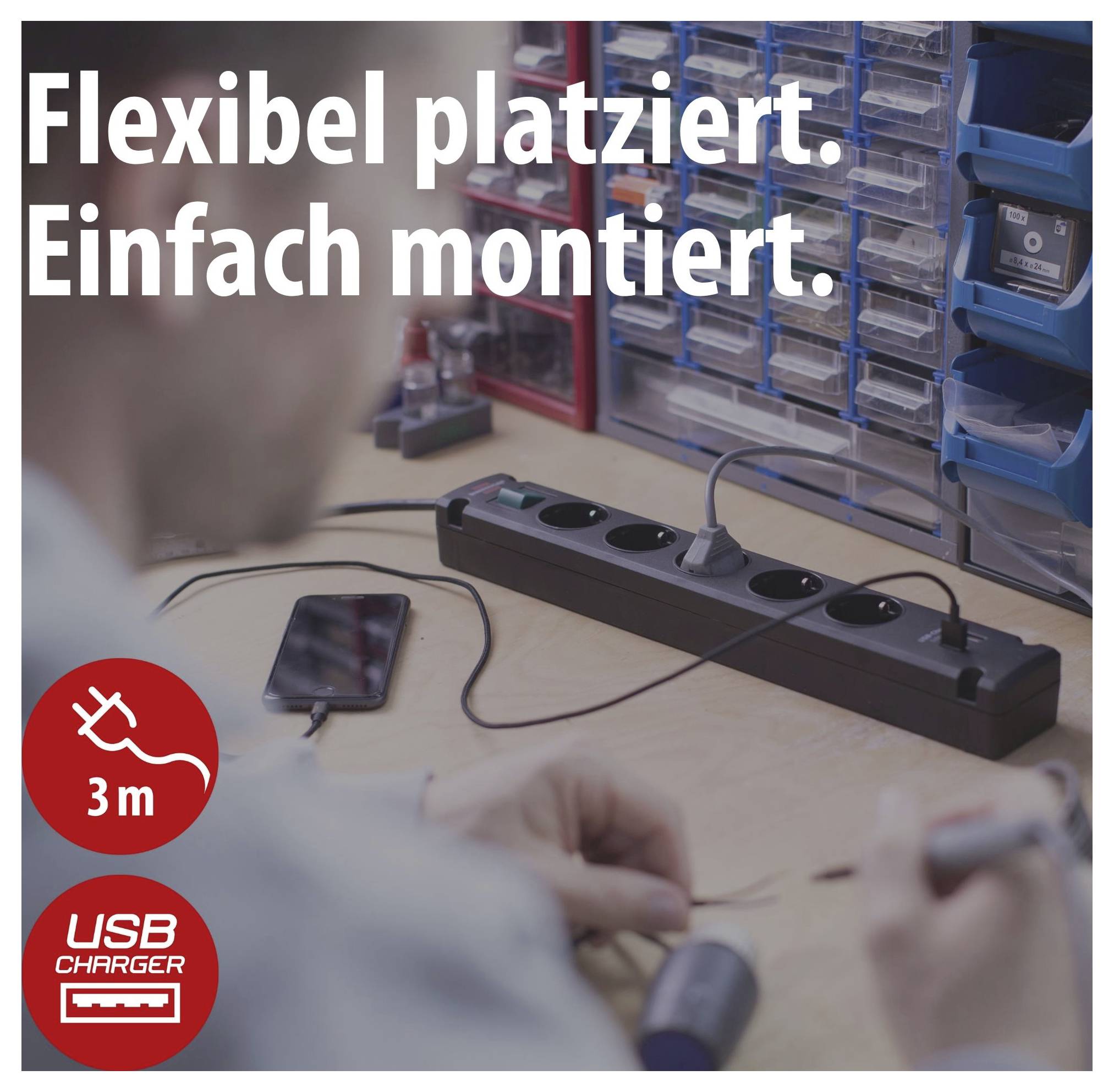 Werbung für eine Steckdosenleiste mit USB-Ladegerät: 'Flexibel platziert. Einfach montiert.' sowie Hinweis auf 3 m Kabel.