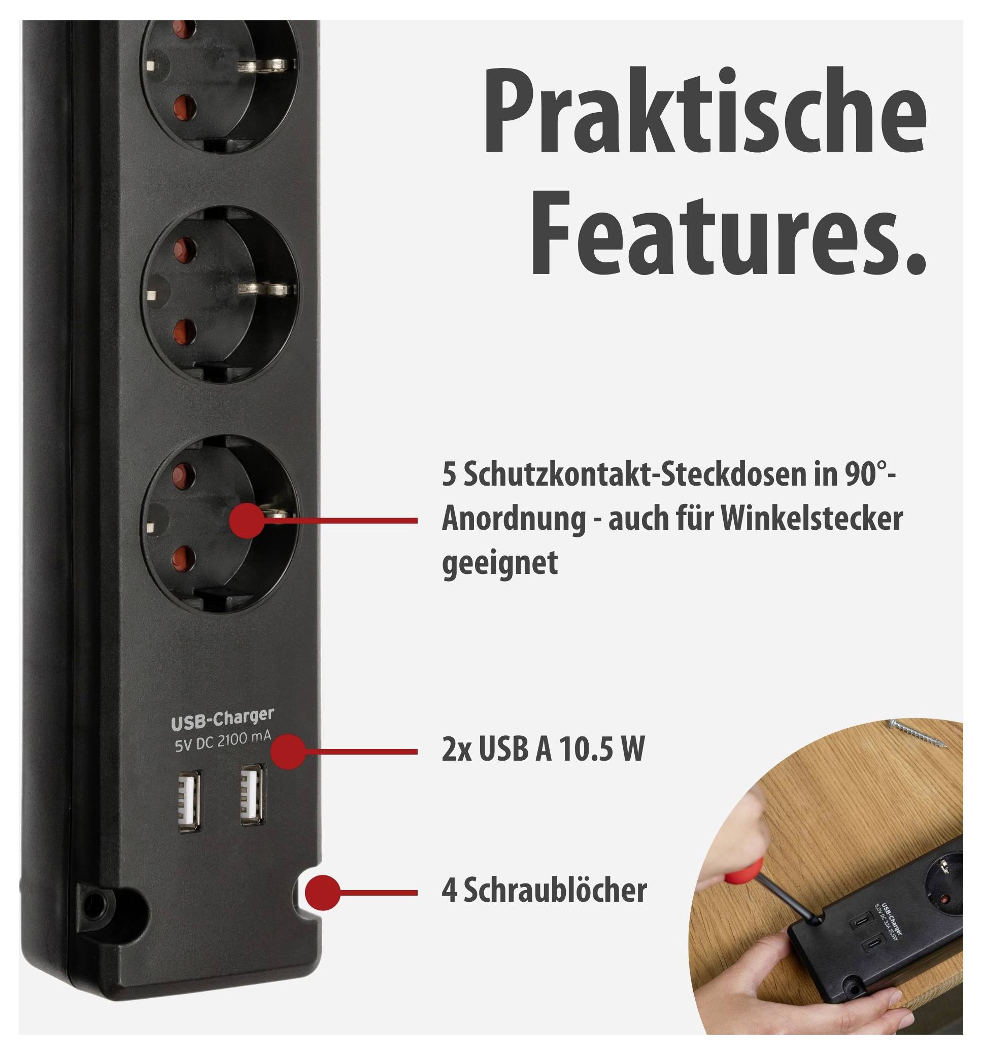 Werbegrafik einer Steckdosenleiste mit 'Praktische Features': 5 Schutzkontakt-Steckdosen, 2 USB-A-Ports, 4 Schraublöcher; Einsatz am Tisch gezeigt.