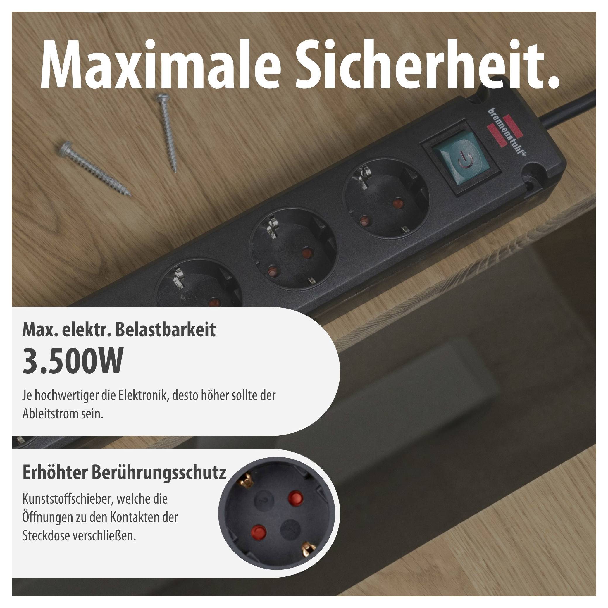 Werbeanzeige einer Steckdosenleiste mit Schalter: 'Maximale Sicherheit', maximale elektrische Belastbarkeit 3.500 W und erhöhter Berührungsschutz durch Kunststoffschieber.