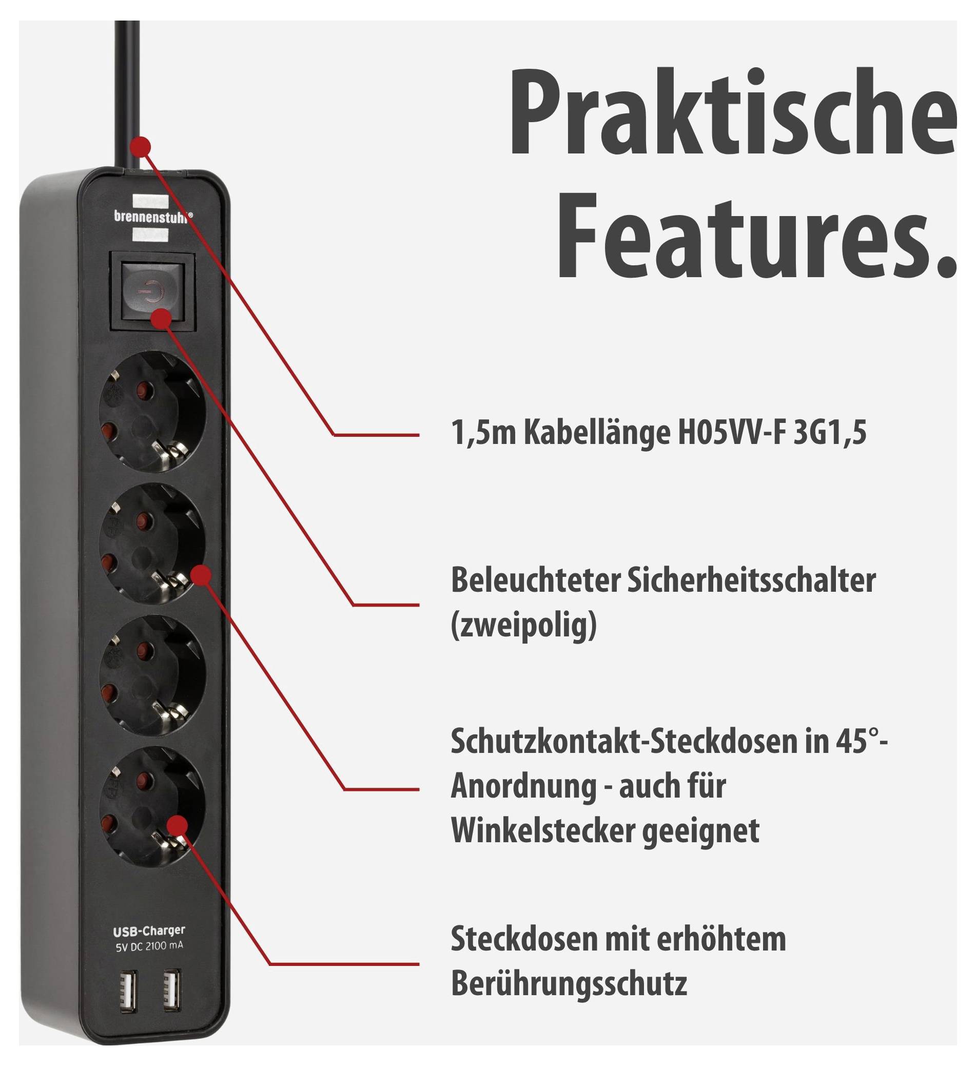 Steckdosenleiste mit 4 Schutzkontakt-Steckdosen, beleuchtetem Sicherheitsschalter, 1,5 m Kabel und USB-Ladegeräten; nennt praktische Features.