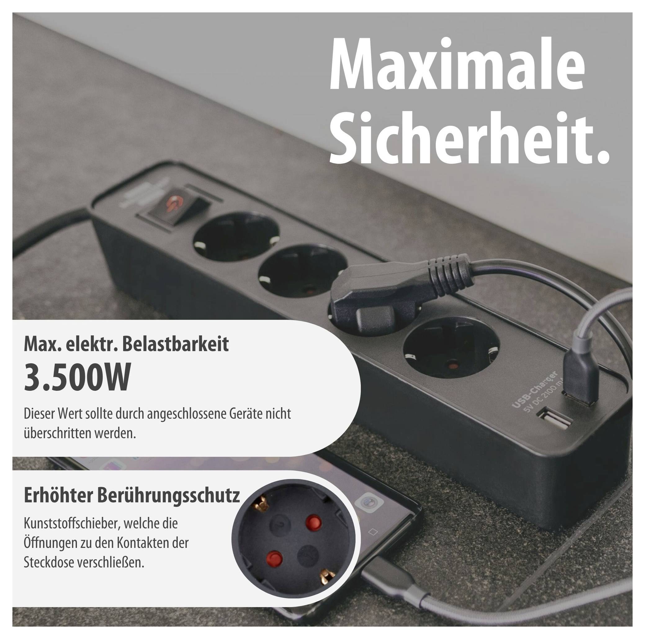 Werbegrafik einer Steckdosenleiste mit dem Text 'Maximale Sicherheit'; hervorgehoben sind 3.500 W Maximalbelastung und erhöhter Berührungsschutz.