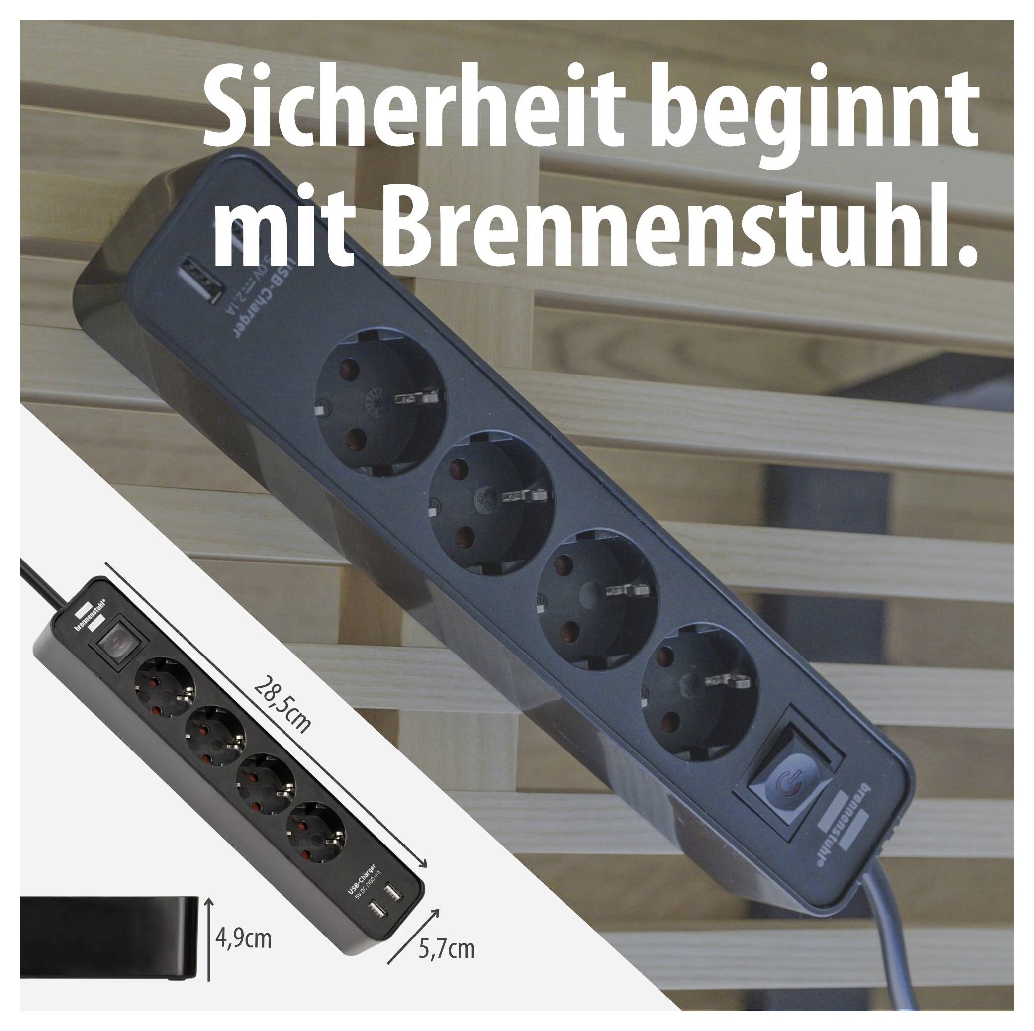 Mehrfachsteckdose Brennstuhl mit vier Steckplätzen und Schalter; Werbetext: 'Sicherheit beginnt mit Brennenstuhl.'