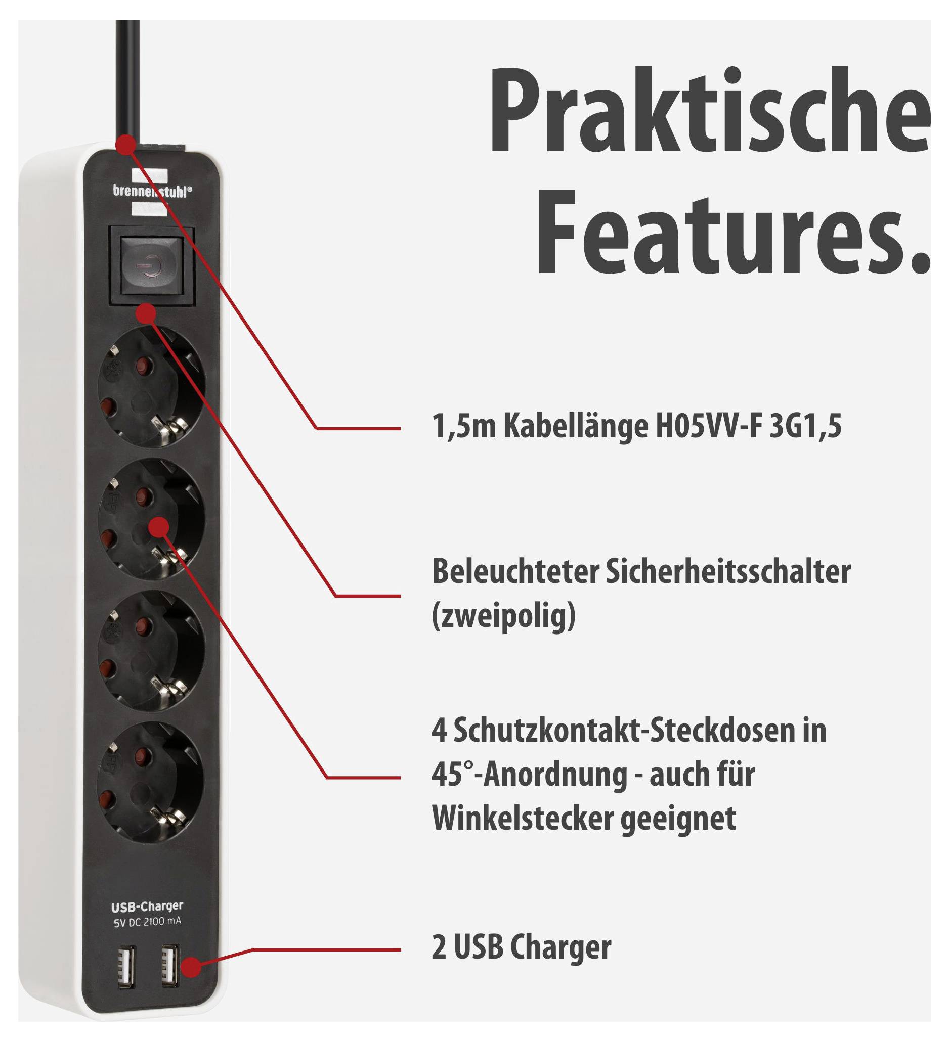 Mehrfachsteckdose mit 4 Schutzkontakt-Steckdosen, beleuchtetem Sicherheitsschalter, 2 USB-Ladebuchsen und 1,5 m Kabel; Titel: 'Praktische Features.'