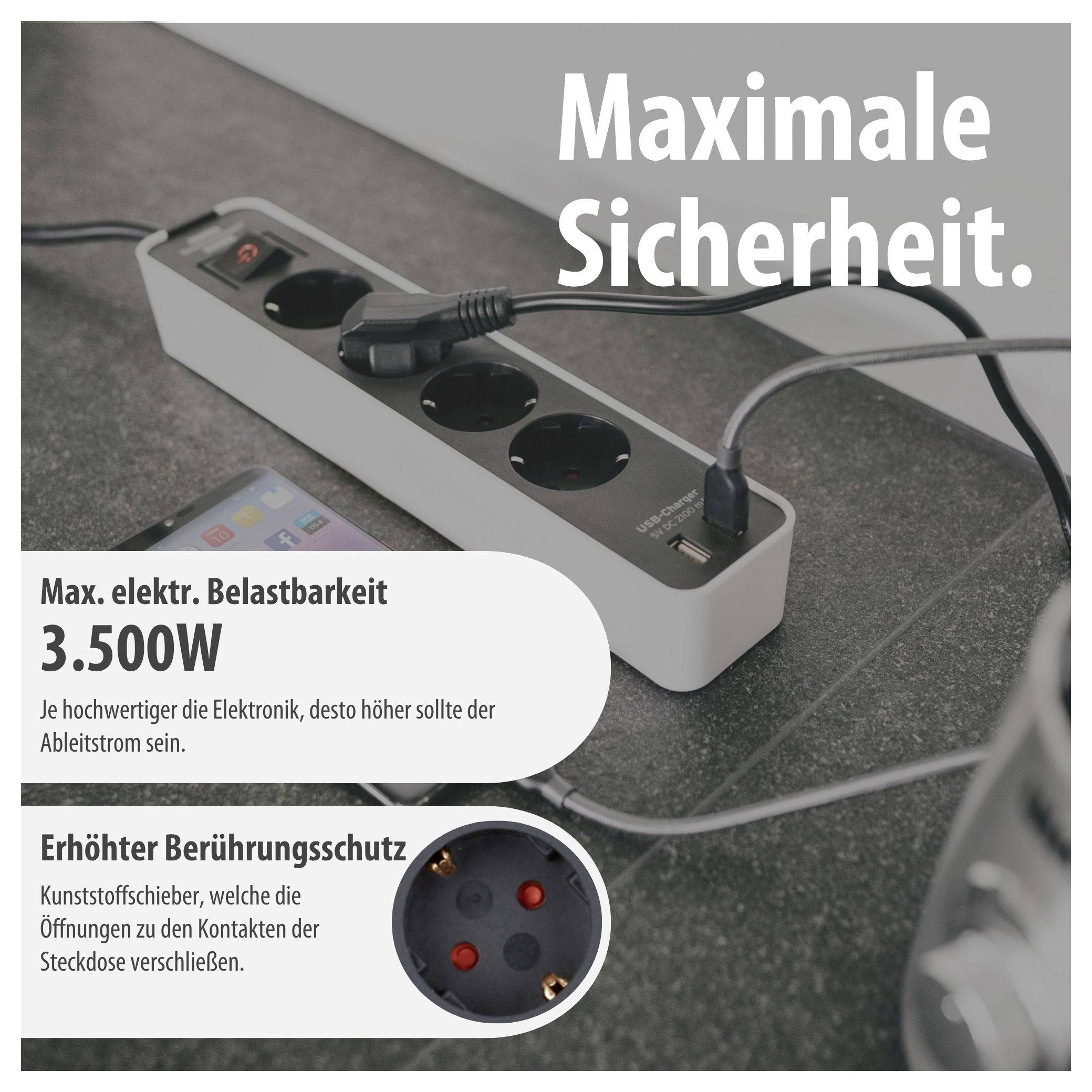 Werbebild einer Steckdosenleiste mit Text 'Maximale Sicherheit', 3.500 W Belastbarkeit und erhöhtem Berührungsschutz durch Kunststoffschieber.