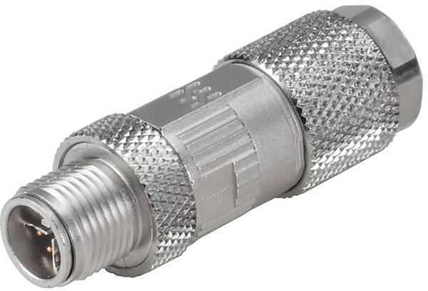 Ein silberner, metallischer M12-Steckverbinder mit geriffelter Oberfläche, der für industrielle Automatisierungsanwendungen geeignet ist.