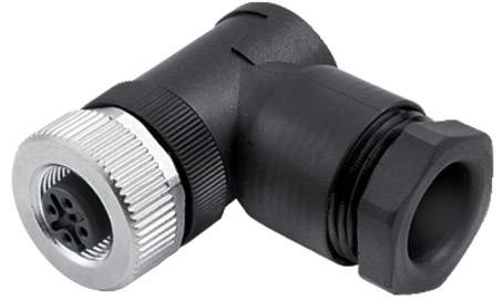 Schwarzer elektrischer Winkelstecker mit silberner Rändelmutter, fünf Steckbuchsen, geeignet für industrielle Anwendungen.