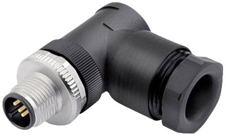 Ein schwarzer und silberner Winkelstecker mit drei Kontaktpins, geeignet für industrielle Anwendungen.