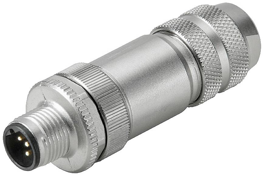Ein silberfarbener M12-Steckverbinder mit Schraubverschluss, typisch für industrielle Automatisierungsanwendungen.