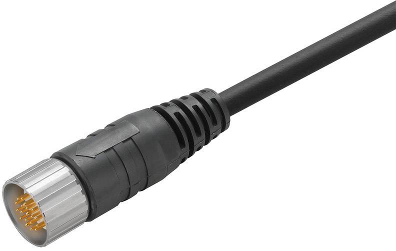 Ein schwarzer Kabelstecker mit mehreren goldfarbenen Pins, geeignet für elektronische Verbindungen.