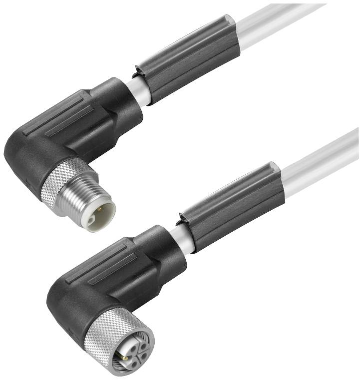 Zwei abgewinkelte Steckverbinder mit schwarzem Gehäuse und Kabel. Der obere hat einen runden, männlichen Anschluss und der untere einen weiblichen.