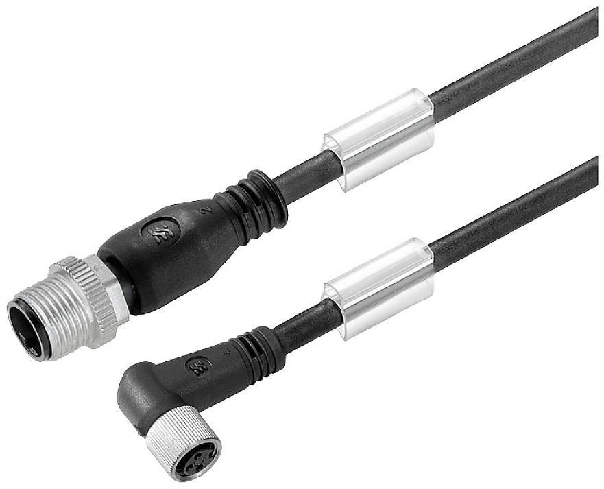 Zwei schwarze Steckverbinderkabel mit silbernen Metallklemmen. Eines hat einen geraden Stecker, das andere einen abgewinkelten Stecker.