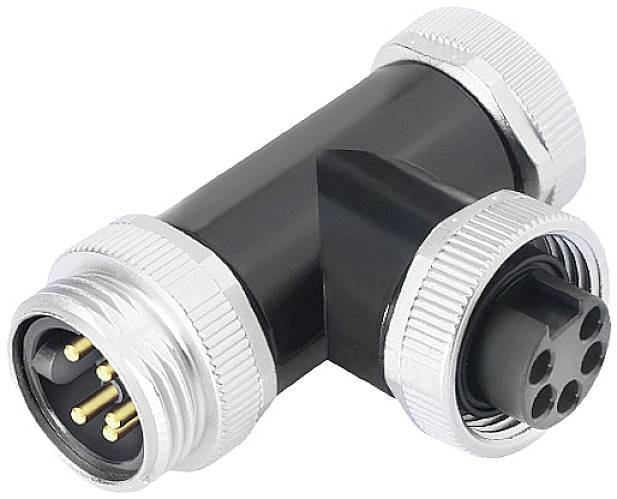 T-förmiger Adapterstecker, schwarz, mit silbernen Schraubverschlüssen und mehreren elektrischen Anschlüssen an den Enden.
