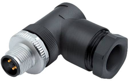 Ein L-förmiger Steckverbinder mit einem Metall- und Kunststoffgehäuse, geeignet für industrielle Anwendungen.