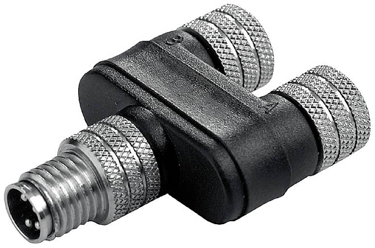 Ein schwarzer T-Stück-Adapter mit silbernen Schraubanschlüssen zur Verbindung von Kabeln oder Schläuchen in technischen Anwendungen.