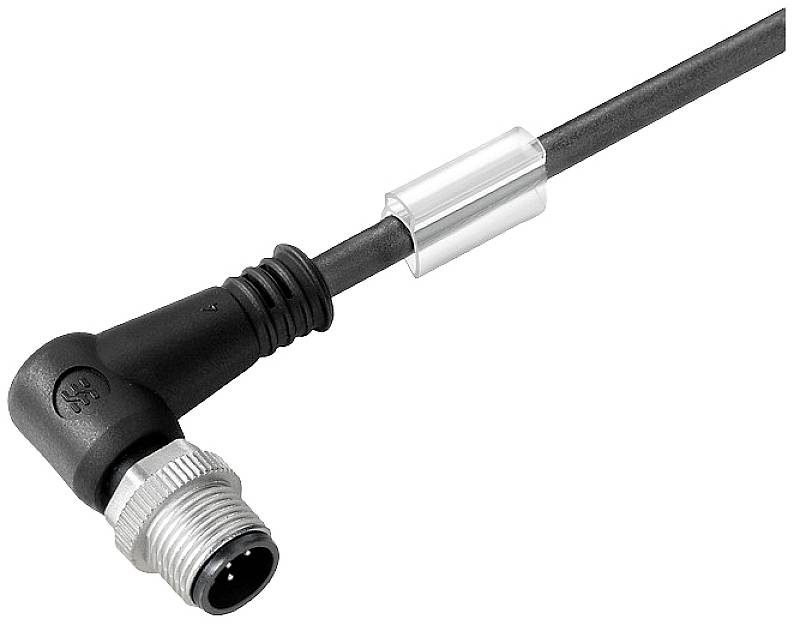 Ein schwarzes, gewinkeltes Verbindungskabel mit Metallsteckverbinder und Schutzüberzug. Geeignet für Geräteanschlüsse in der Elektronik.