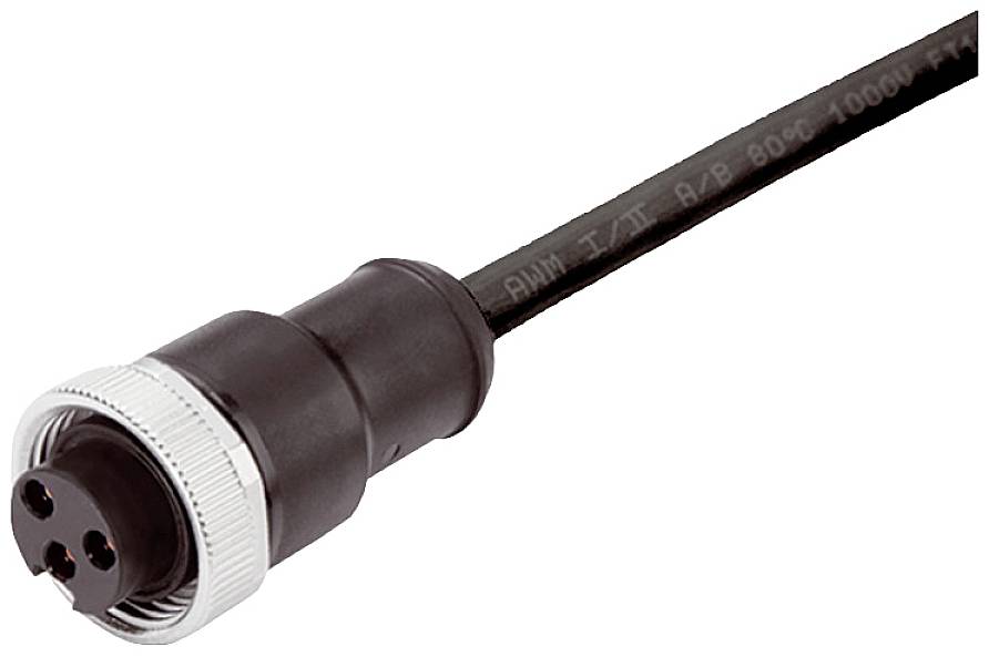 Ein schwarzes Kabel mit einem runden, schwarzen Stecker und einer silbernen Schraubverbindung am Ende, geeignet für elektronische Anschlüsse.