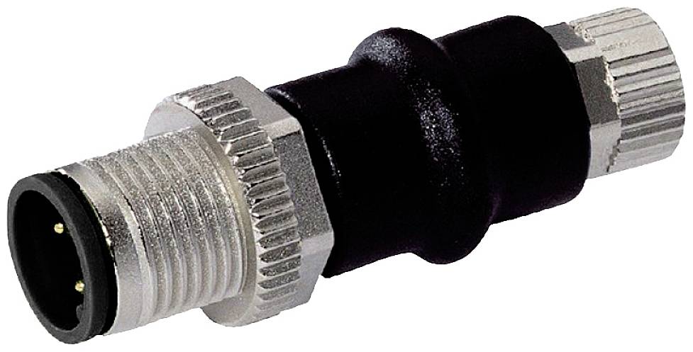 Ein zylindrischer Metallstecker mit mehreren Rillen und einem schwarzen Kunststoffgriff. Der Stecker hat an einem Ende eine Öffnung mit zwei Pins.