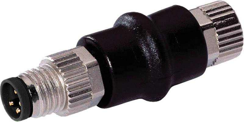 Ein schwarzer, zylindrischer M8-Verbinder mit vier Pins, an beiden Enden mit metallischen Schraubanschlüssen, verwendbar für elektrische Verbindungen.