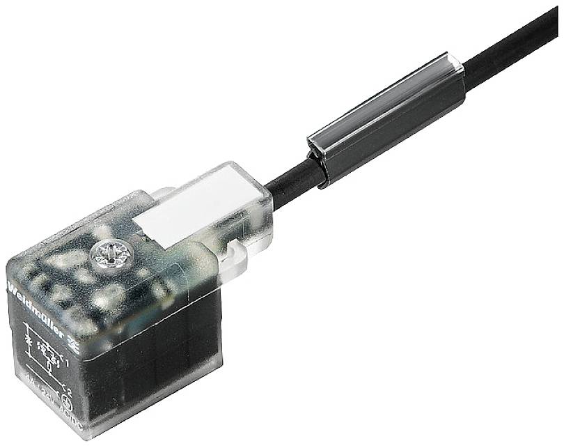 Durchsichtiger elektrischer Sensor an einem schwarzen Kabel, zeigt interne Schaltkreise.