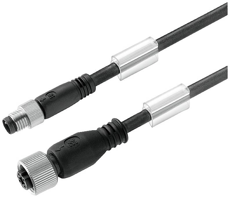 Schwarze Kabel mit runden Steckverbindern an beiden Enden, je eines männlich und weiblich, mit silbernen Ferrithülsen in der Mitte.