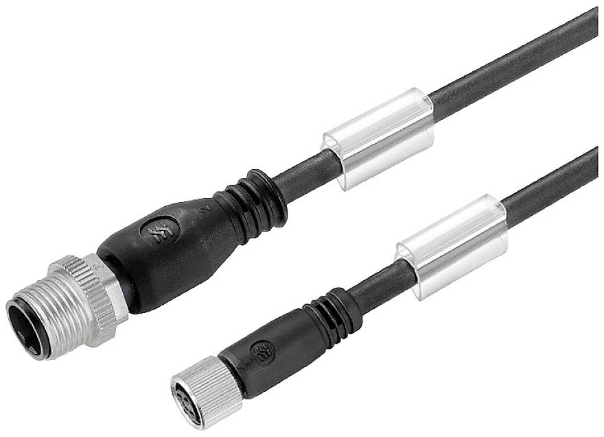 Eine Nahaufnahme von zwei schwarzen elektrischen Steckverbindern mit metallischen Gewinden, die an Kabelenden befestigt sind.