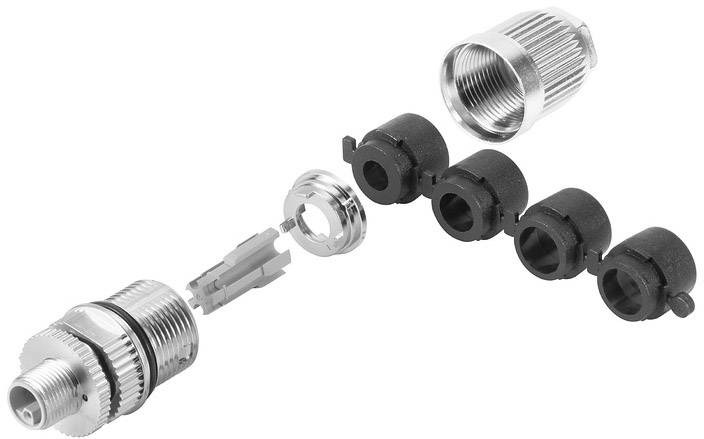 Ein F-Stecker-Bausatz bestehend aus einem Metallstecker, einer Überwurfmutter und vier Gummiabdichtungen, zur Kabelverbindung.