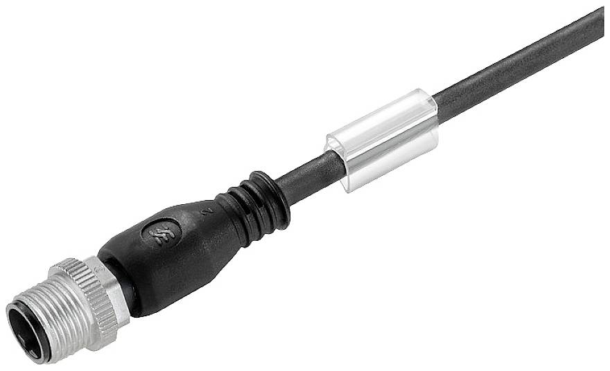 Ein schwarzes Kabel mit einem silbernen Rundstecker und einer transparenten Ummantelung, geeignet für elektronische Verbindungen.