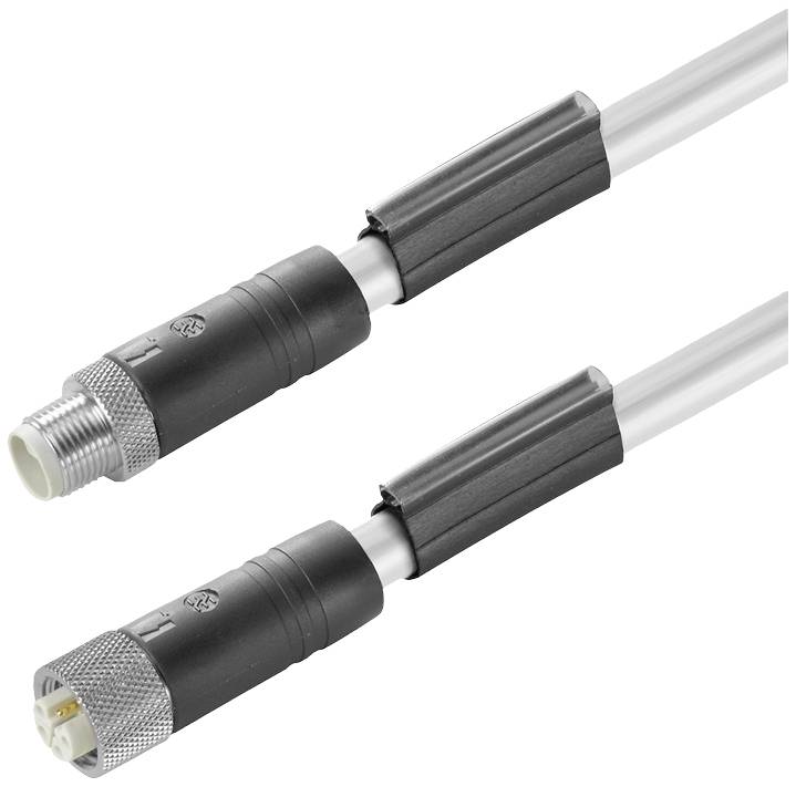 Zwei schwarze, zylindrische Stecker mit Metallgewinde an grauen Kabeln, horizontal ausgerichtet, zur elektrischen Verbindung.
