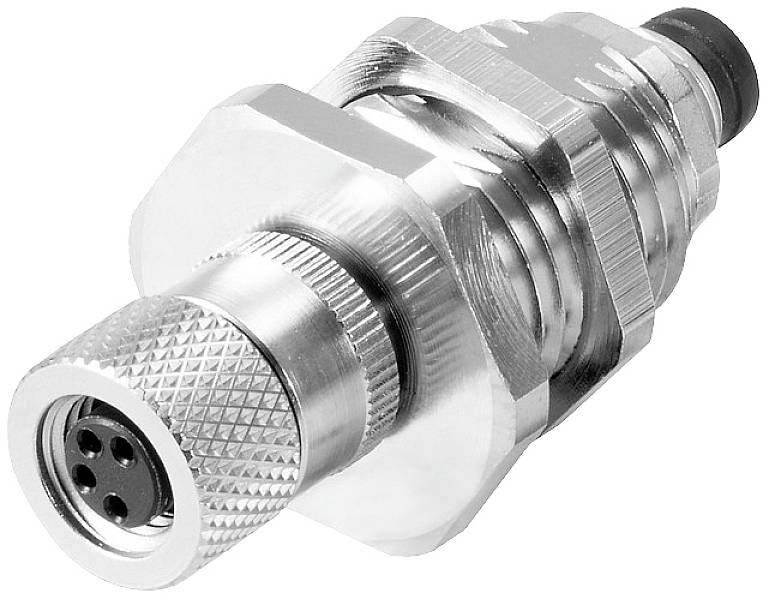 Ein metallischer Rundstecker mit geriffelter Kappe und mehreren Stecklöchern, geeignet für industrielle oder technische Anwendungen.