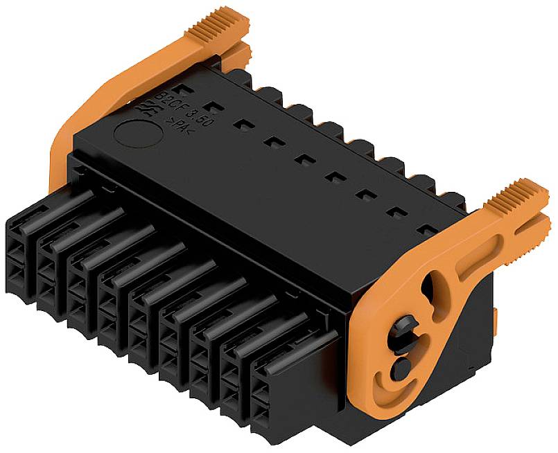 Ein schwarzer elektrischer Stecker mit orangefarbenen Clips, der mehrere Steckplätze zum Anschluss von Kabeln bietet. Geeignet für technische Anwendungen.