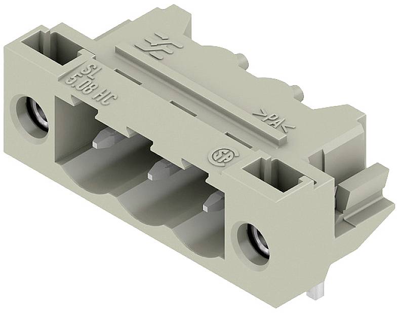 Ein rechteckiger, grau-beiger Steckverbinder mit drei Steckplätzen und Metallkontakten, seitlich Schrauben, für elektrische Verbindungen.