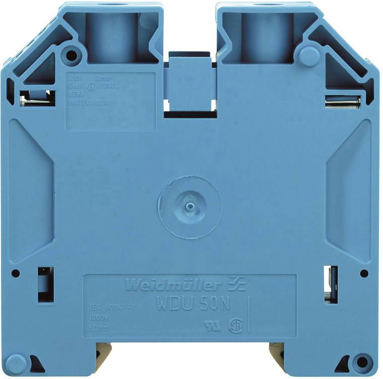 Blauer Weidmüller WDU 50N Klemmenblock für elektrische Verbindungen, rechteckige Form, zwei Anschlüsse oben erkennbar.