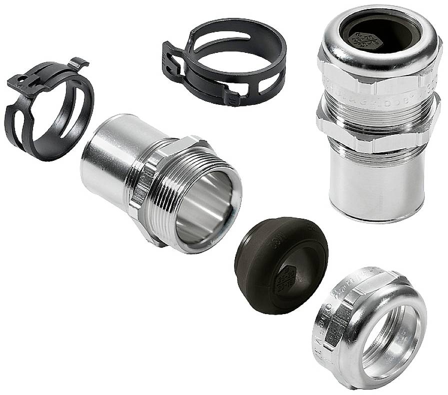 Mehrere Kabelverschraubungen aus Metall und Kunststoff sind abgebildet. Sie bestehen aus Gehäusen, Dichtungen und Verschlussmuttern.