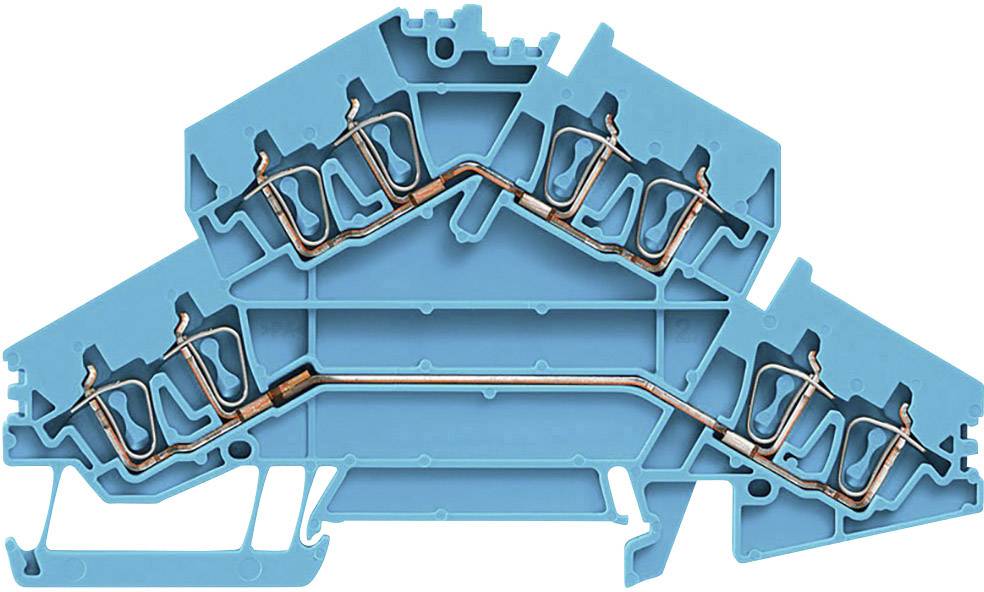 Blaues elektrisches Klemmenmodell zeigt internen Aufbau mit Kupferleitungen, veranschaulicht Verbindungskonzept in Schalttechnik.