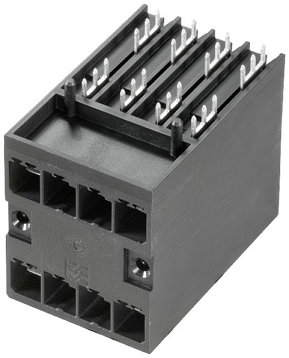 Schwarzer elektrischer Steckverbinder mit mehreren Metallstiften und Kunststoffgehäuse, geeignet für elektronische Verbindungen.