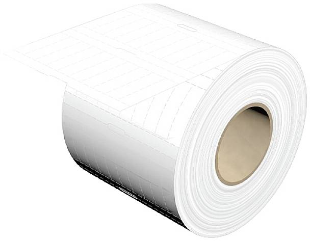 Eine Rolle mit weißem, perforiertem Material, das für Kassenbons oder Tickets verwendet wird. Sie zeigt das Ende des Papiers.
