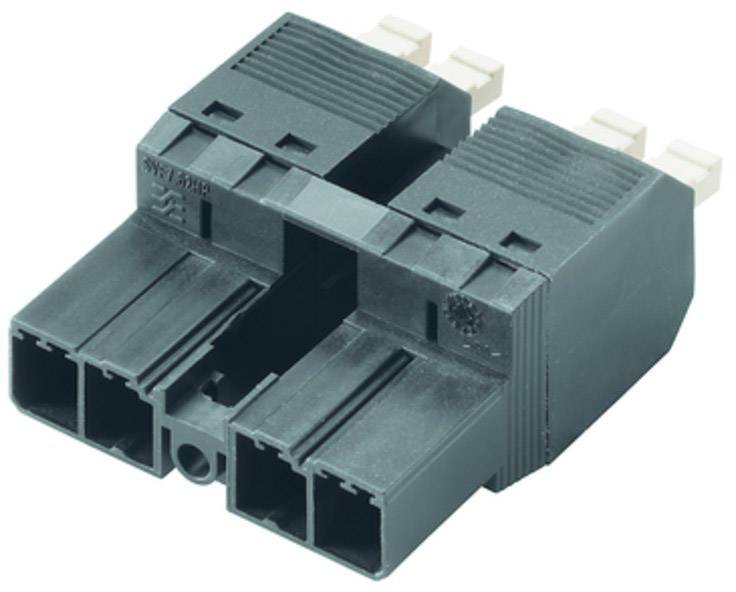 Schwarzer, dreipoliger elektrischer Steckverbinder mit seitlichen Clips und mehreren Stecköffnungen, vor weißem Hintergrund.