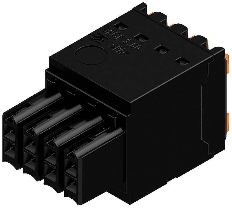 Ein schwarzer elektrischer Steckverbinder mit mehreren Anschlüssen, geeignet für industrielle Anwendungen.