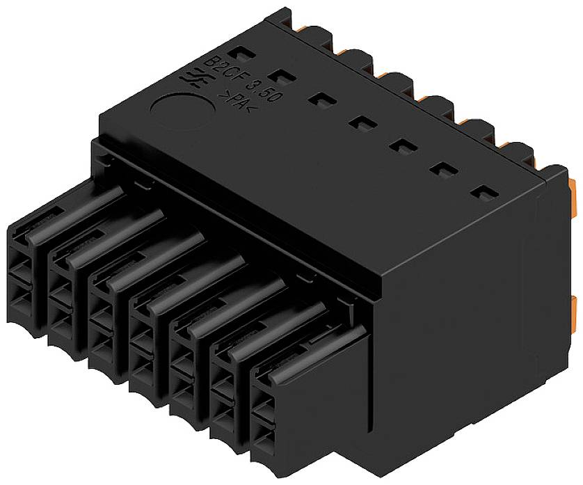 Schwarzer elektrischer Steckverbinder mit mehreren rechteckigen Buchsenanschlüssen, geeignet zur Verbindung von Kabeln in elektronischen Geräten.