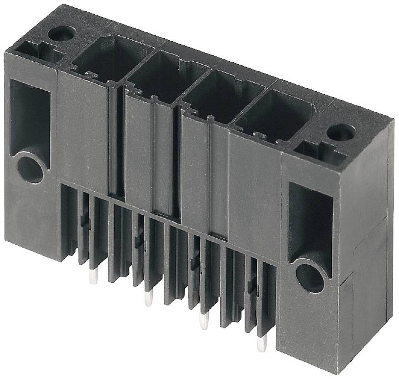 Ein schwarzer rechtwinkliger Steckverbinder mit mehreren Steckplätzen und Metallstiften unten, verwendet für elektronische Verbindungen.