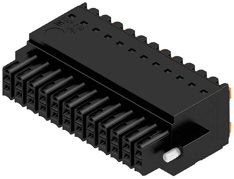 Schwarzer elektrischer Steckverbinder mit mehreren Anschlusspins und einem rechteckigen Gehäuse, seitliche Kabelhalterungen sichtbar.