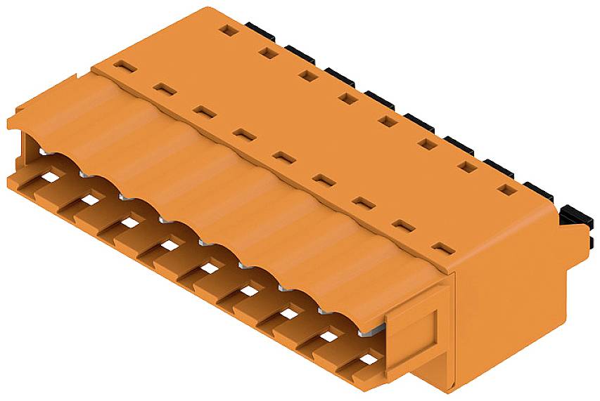Ein orangefarbener elektrischer Steckverbinder mit mehreren Steckplätzen, rechteckige Form, gerippte Oberfläche für besseren Halt.