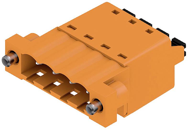 Elektronischer Steckverbinder, orange, mit mehreren Pins und Befestigungsschrauben, für industrielle Anwendungen.