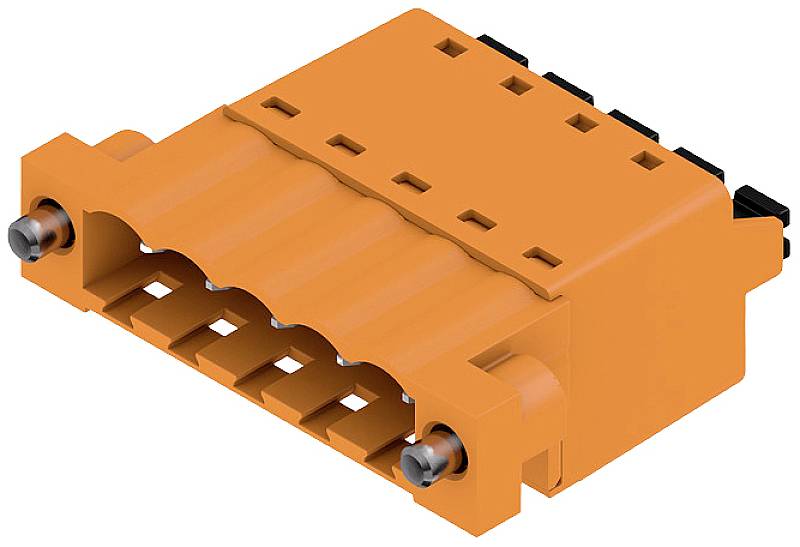 Oranger elektrischer Steckverbinder mit mehreren Steckplätzen, Vorderansicht. Entworfen für industrielle oder technische Anwendungen.