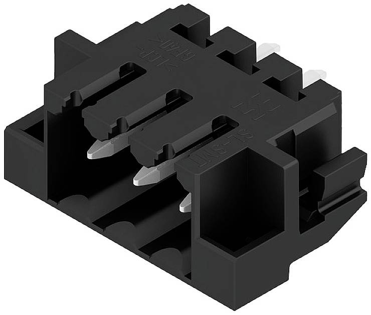 Schwarzer Kunststoffstecker mit mehreren Metallstiften, geeignet für elektronische Verbindungen. Zeigt Detailansicht von unten.