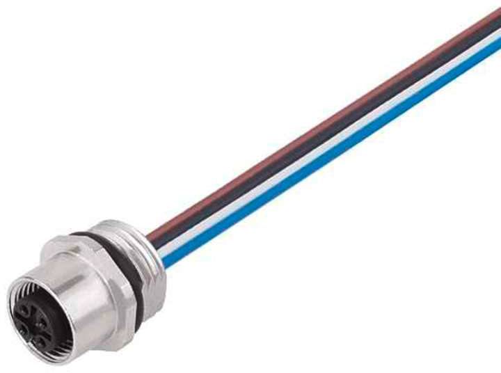 Stecker mit metallischem Gewinde und vierpoligem Anschluss, verbunden mit einem Kabel in Schwarz, Rot, Weiß und Blau.